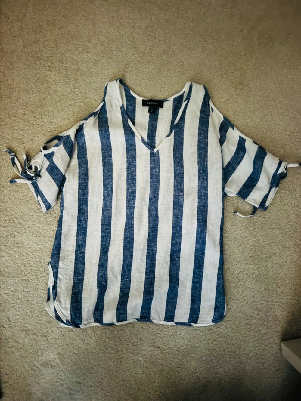 Karen Kane Cold Shoulder Tie Sleeve V Top Navy Blue White Striped Linen Blouse